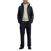 Navy blue down jacket with hood and quilted design, popular brand: moncler.