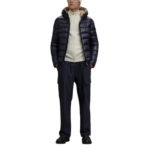 Navy blue down jacket with hood and quilted design, popular brand: moncler.