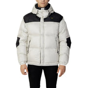 Blauer men’s grey winter jacket with two-tone black and light gray puffer design and dark lined hood for cold weather use