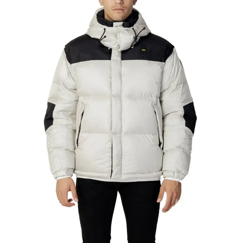 Blauer men’s grey winter jacket with two-tone black and light gray puffer design and dark lined hood for cold weather use