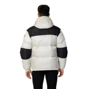 Blauer men’s grey winter jacket with a puffy white body and black shoulder panels, cuffs, and hood lining