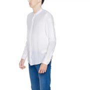Blauer Chemise blanche en lin à manches longues pour homme, col mandarin et texture subtile, style formel