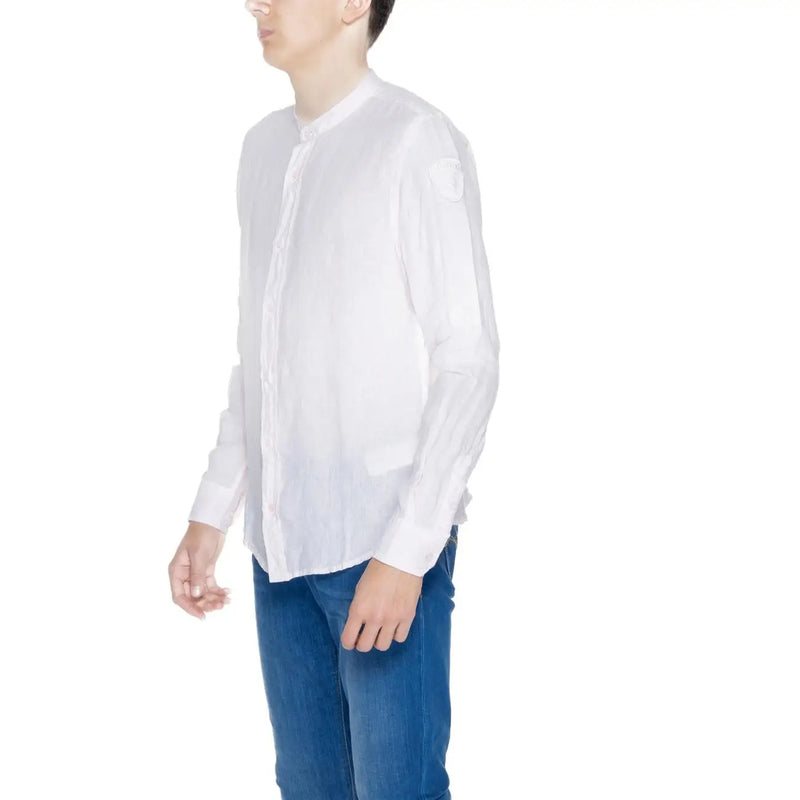 Blauer Chemise blanche en lin à manches longues pour homme, col mandarin et texture subtile, style formel