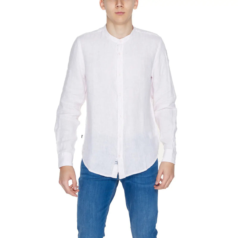 Blauer Chemise mandarine rose en lin pour homme, à manches longues blanches boutonnées et à texture subtile