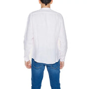 White long-sleeved button-up shirt with classic collar and subtle texture in blauer mens pink linen shirt product image