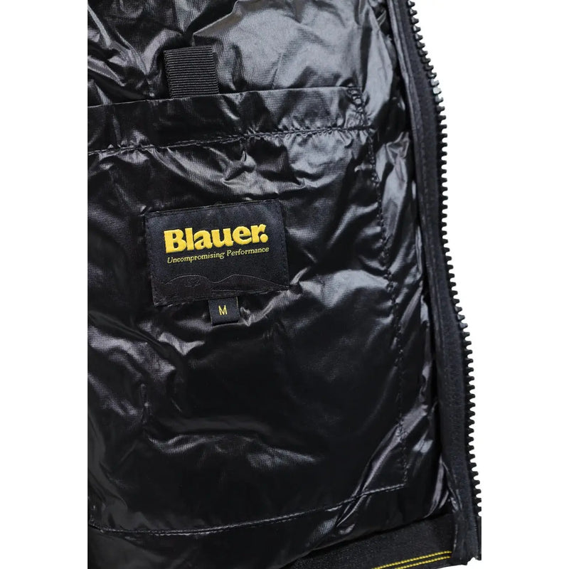 Blauer Doudoune noire pour homme avec intérieur matelassé brillant et étiquette de marque jaune, vue détaillée