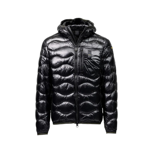 Blauer Doudoune noire pour homme avec capuche matelassée et fermeture éclair, vue de face