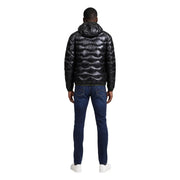 Blauer Doudoune noire pour homme, matelassée et brillante, avec capuche, vue de face