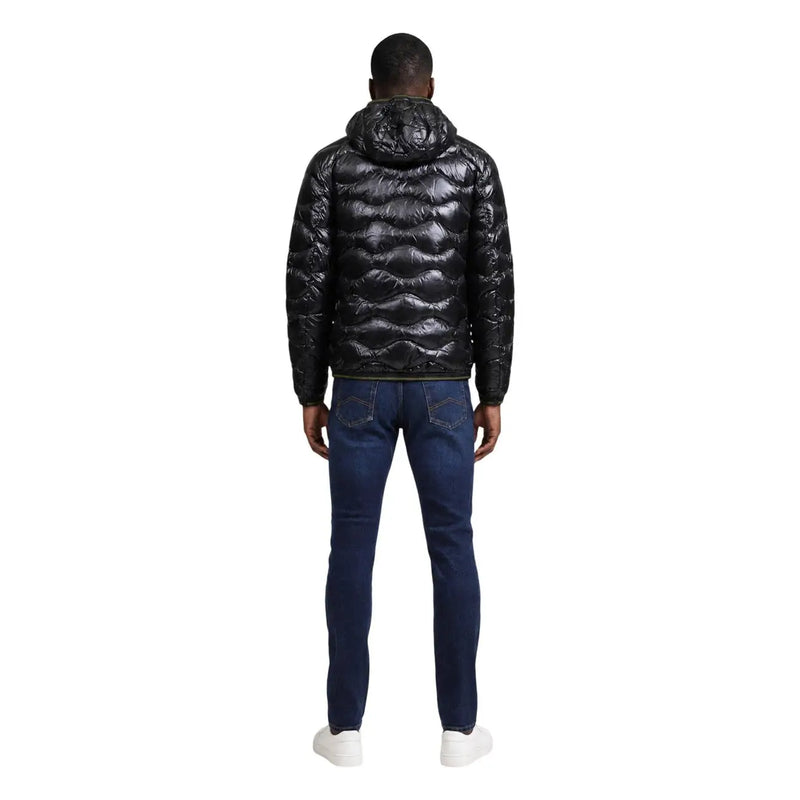 Blauer Doudoune noire pour homme, matelassée et brillante, avec capuche, vue de face