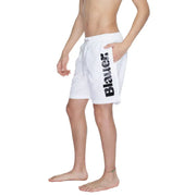 Blauer white print men’s swim trunks with bold black logo on side and functional pockets for swimwear use