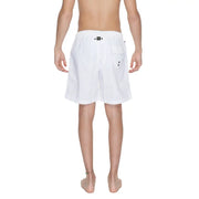 Blauer white print men’s swimwear board shorts with black button details and a brand label at the waistband
