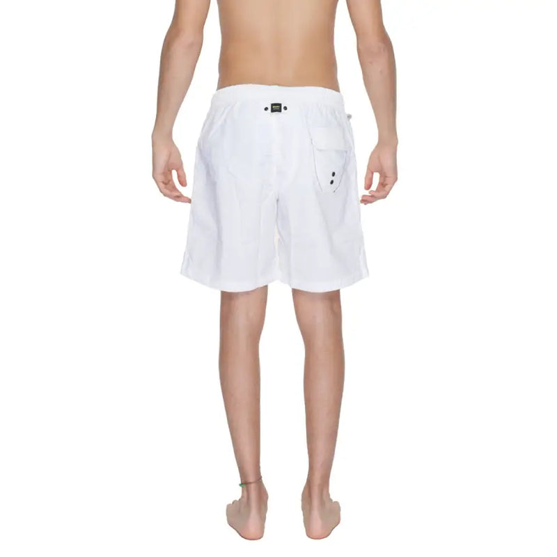 Blauer white print men’s swimwear board shorts with black button details and a brand label at the waistband