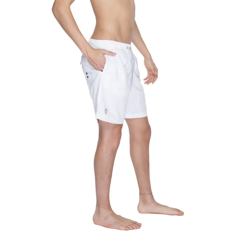 Blauer white print men’s swimwear athletic shorts with drawstring waistband side pockets and small lower leg logo