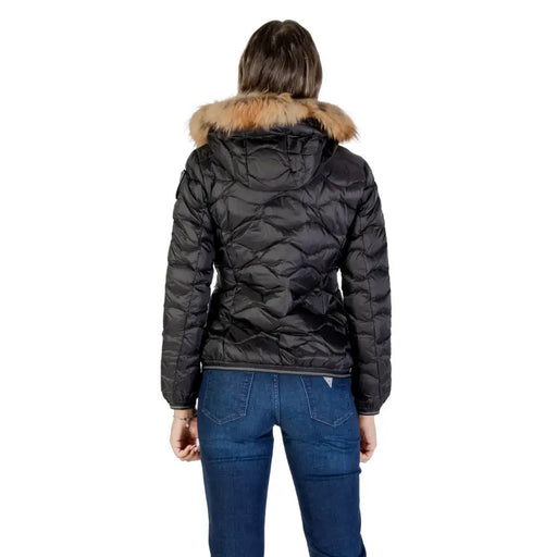 Blauer Doudoune matelassée noire pour femme avec capuche en fourrure beige