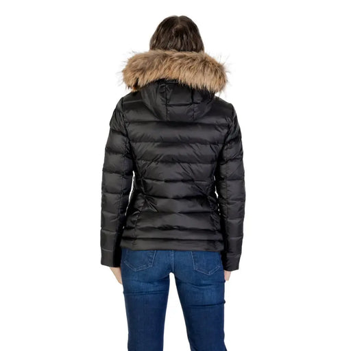 Blauer Doudoune matelassée noire pour femme avec capuche doublée de fourrure beige