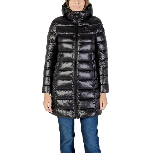 Blauer women black nylon hooded winter jacket with shiny quilted texture and hood for cold weather