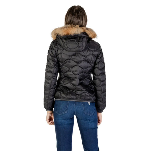 Blauer women black polyamide quilted puffer jacket with tan fur-lined hood for cold weather protection