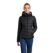 Blauer Doudoune matelassée noire en polyamide pour femme, avec capuche et fermeture éclair sur le devant, idéale par temps froid.