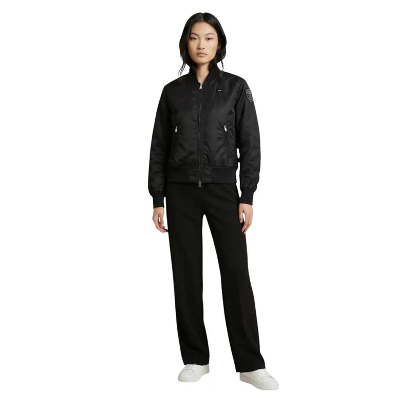 Blauer women black nylon bomber jacket with silver zippers and subtle logo patch on the chest with pockets