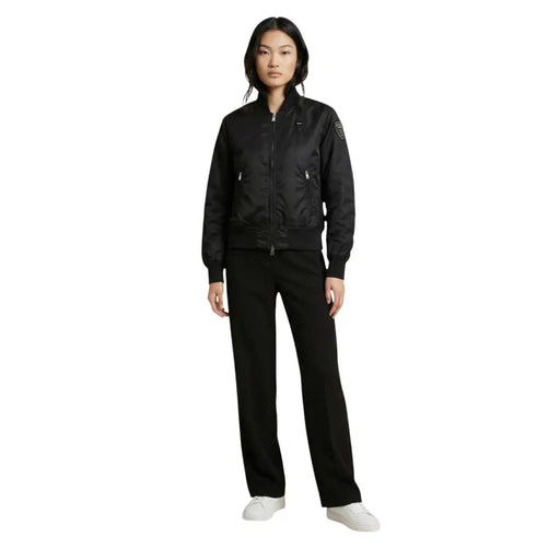 Blauer women black nylon bomber jacket with silver zippers and subtle logo patch on the chest with pockets