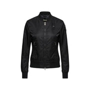 Blauer women black zip blazer bomber jacket in sleek shiny nylon with subtle branding and pockets visible