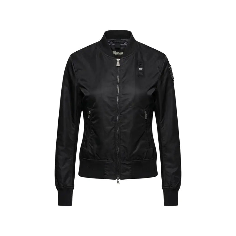 Blauer women black zip blazer bomber jacket in sleek shiny nylon with subtle branding and pockets visible