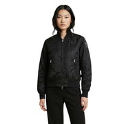Blauer women black nylon bomber jacket with silver zippers and subtle logo patch on left sleeve with pockets
