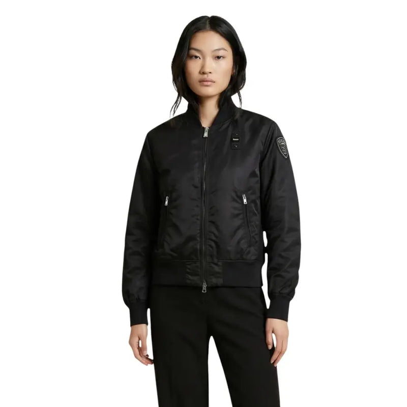 Blauer women black nylon bomber jacket with silver zippers and subtle logo patch on left sleeve with pockets