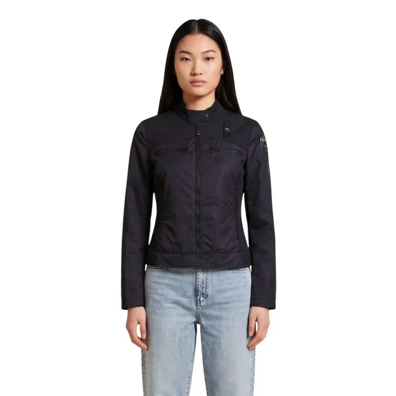 Veste de moto noire G-Star Raw pour femme, avec poches zippées et écussons discrets de la marque, style blazer.