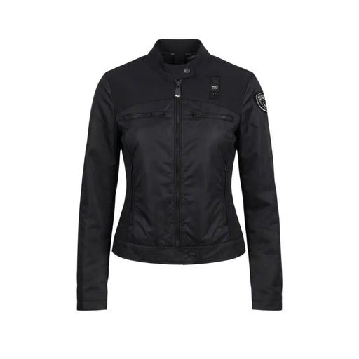 Blauer Blazer noir à col roulé zippé pour femme, doublé d'une élégante veste de moto en cuir mat et orné de détails réfléchissants sur la fermeture éclair.