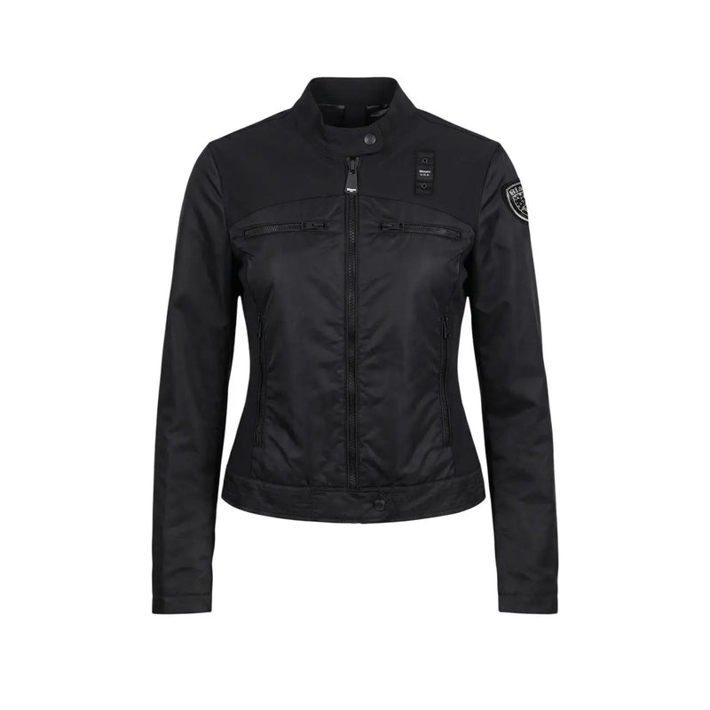 Blauer women black zip turtleneck blazer with sleek matte finish leather motorcycle jacket and reflective zipper accents