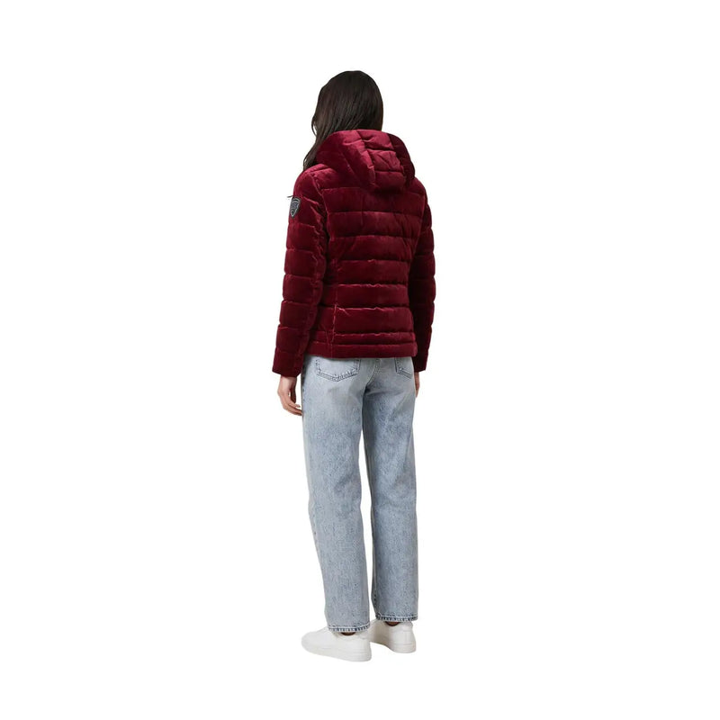 Blauer women bordeaux hooded polyester blazer jacket in rich burgundy velvet with quilted design and a hood