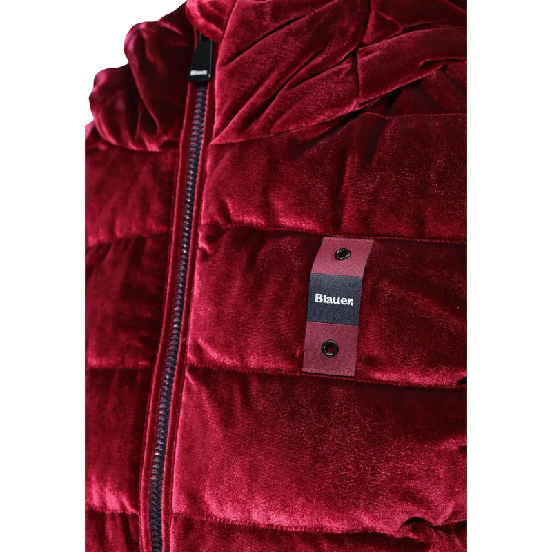 Blauer women bordeaux hooded polyester blazer jacket in rich burgundy velvet with quilted design and black zipper