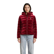 Blauer women bordeaux hooded polyester blazer jacket in rich burgundy velvet with quilted puffer design and hood