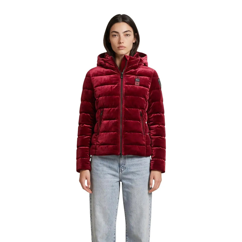 Blauer women bordeaux hooded polyester blazer jacket in rich burgundy velvet with quilted puffer design and hood
