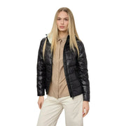 Blauer women brown hooded nylon blazer with black quilted puffer jacket style and glossy finish with light lining