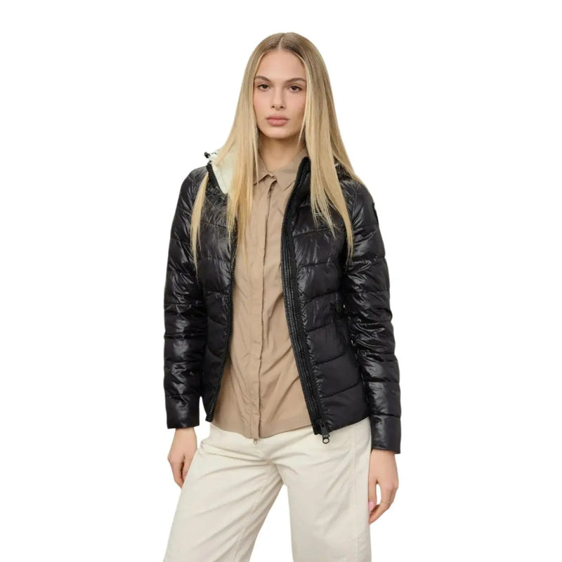 Blauer women brown hooded nylon blazer with black quilted puffer jacket style and glossy finish with light lining