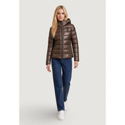 Blauer women brown hooded quilted nylon puffer jacket with front zipper for cold weather wear