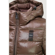 Blauer women brown hooded nylon blazer with shiny metallic finish and quilted puffer design featuring black zipper pulls