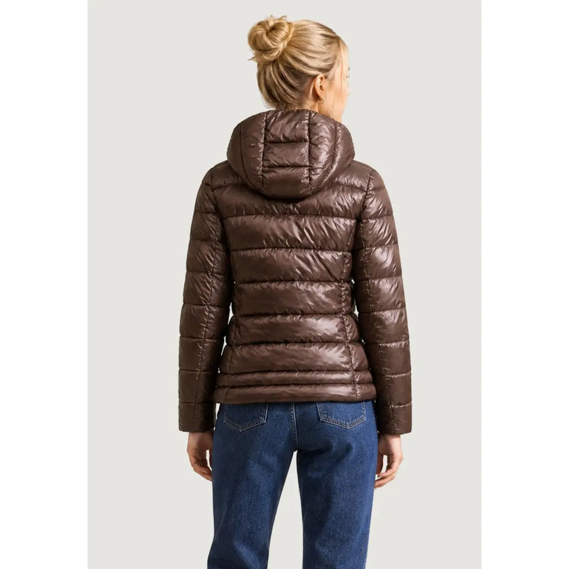 Blauer women brown hooded nylon blazer shiny quilted puffer jacket with hood in brown color