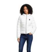 White puffer jacket with quilted design and black zipper accents featured with blauer women brown hooded nylon blazer