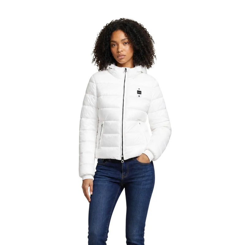 White puffer jacket with quilted design and black zipper accents featured with blauer women brown hooded nylon blazer