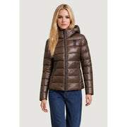 Blauer women brown quilted nylon puffer jacket with hood and black zipper for cold weather protection