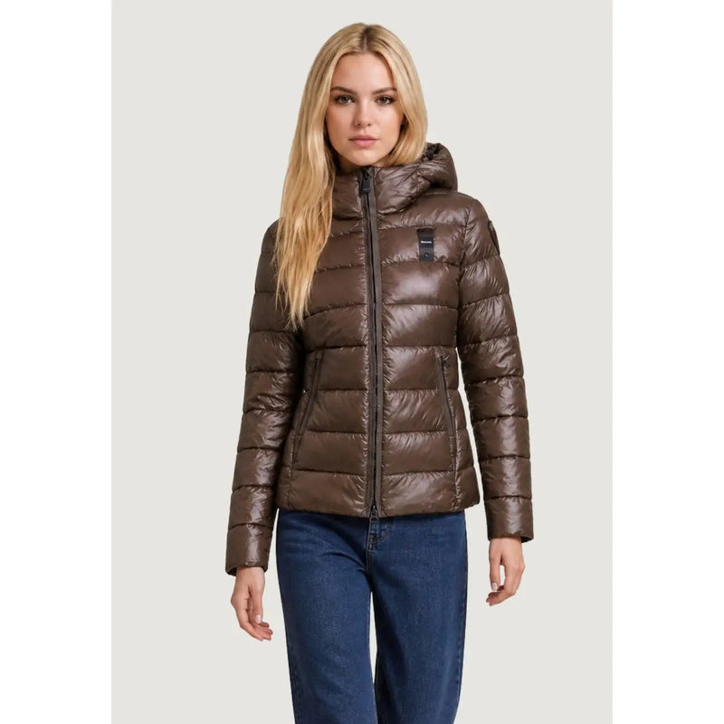 Blauer women brown quilted nylon puffer jacket with hood and black zipper for cold weather protection