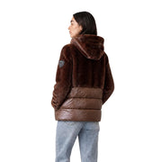 Blauer women brown hooded nylon winter blazer with brown corduroy and quilted puffer jacket featuring a plush hood