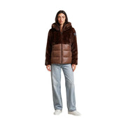 Blauer women brown hooded winter blazer in nylon with brown faux fur and quilted puffer jacket details