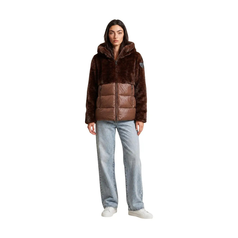 Blauer women brown hooded winter blazer in nylon with brown faux fur and quilted puffer jacket details