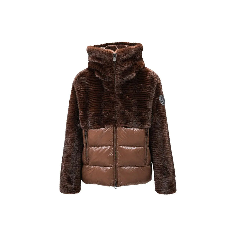 Blauer women brown hooded nylon winter blazer featuring brown faux fur and quilted puffer jacket design