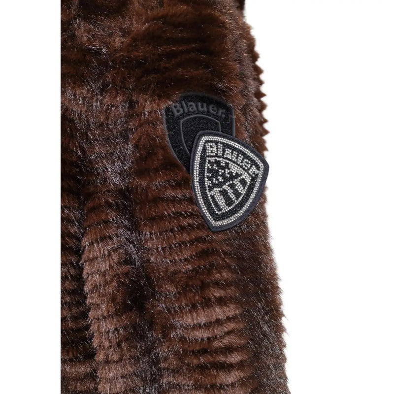 Blauer women brown hooded nylon winter blazer with brown faux fur coat and black shield patch embroidered in silver rhinestones