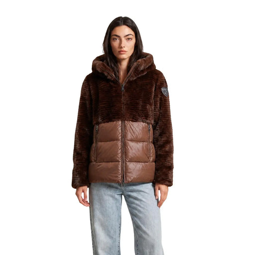Blauer Blazer d'hiver marron à capuche pour femme avec détails de fausse fourrure marron et de doudoune en nylon matelassé